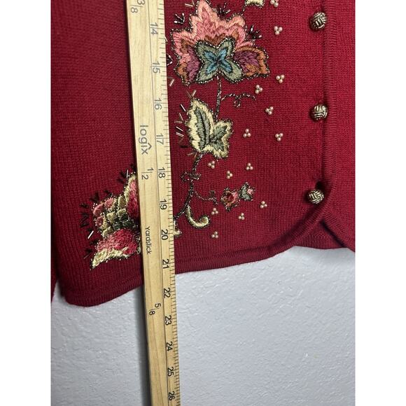 Susan Bristol Vintage 90s Red Wool Christmas Sweater Embroidered Beaded Medium - Picture 4 of 12